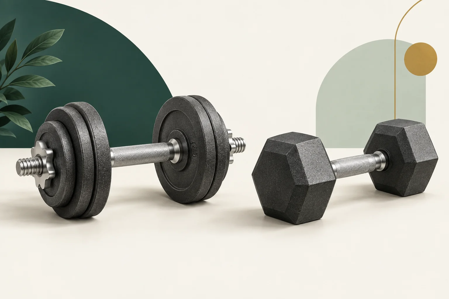 Illustration of a plate-loaded adjustable dumbbell beside a fixed hex dumbbell.
