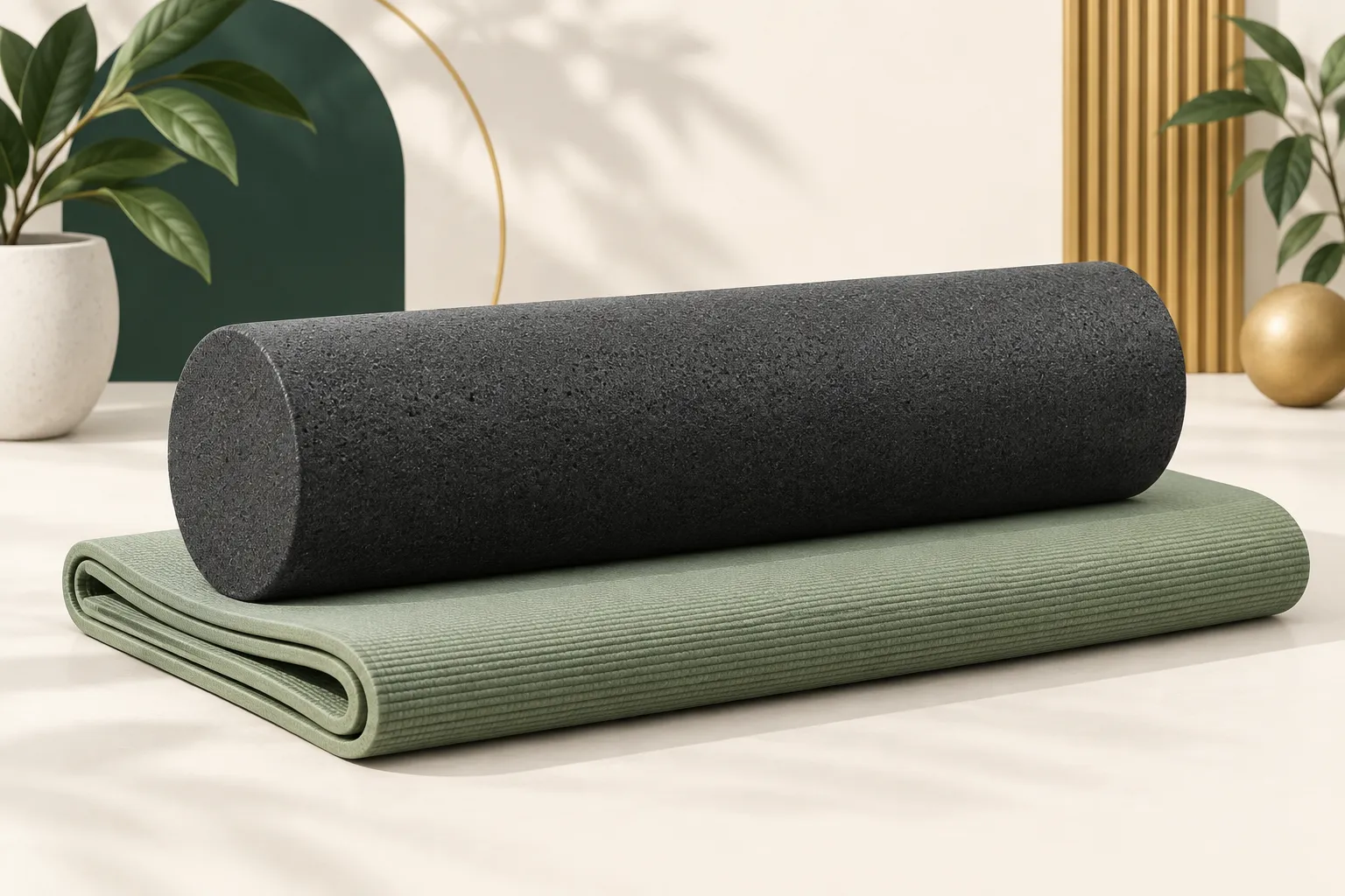 Illustration of a plain foam roller resting on an exercise mat.