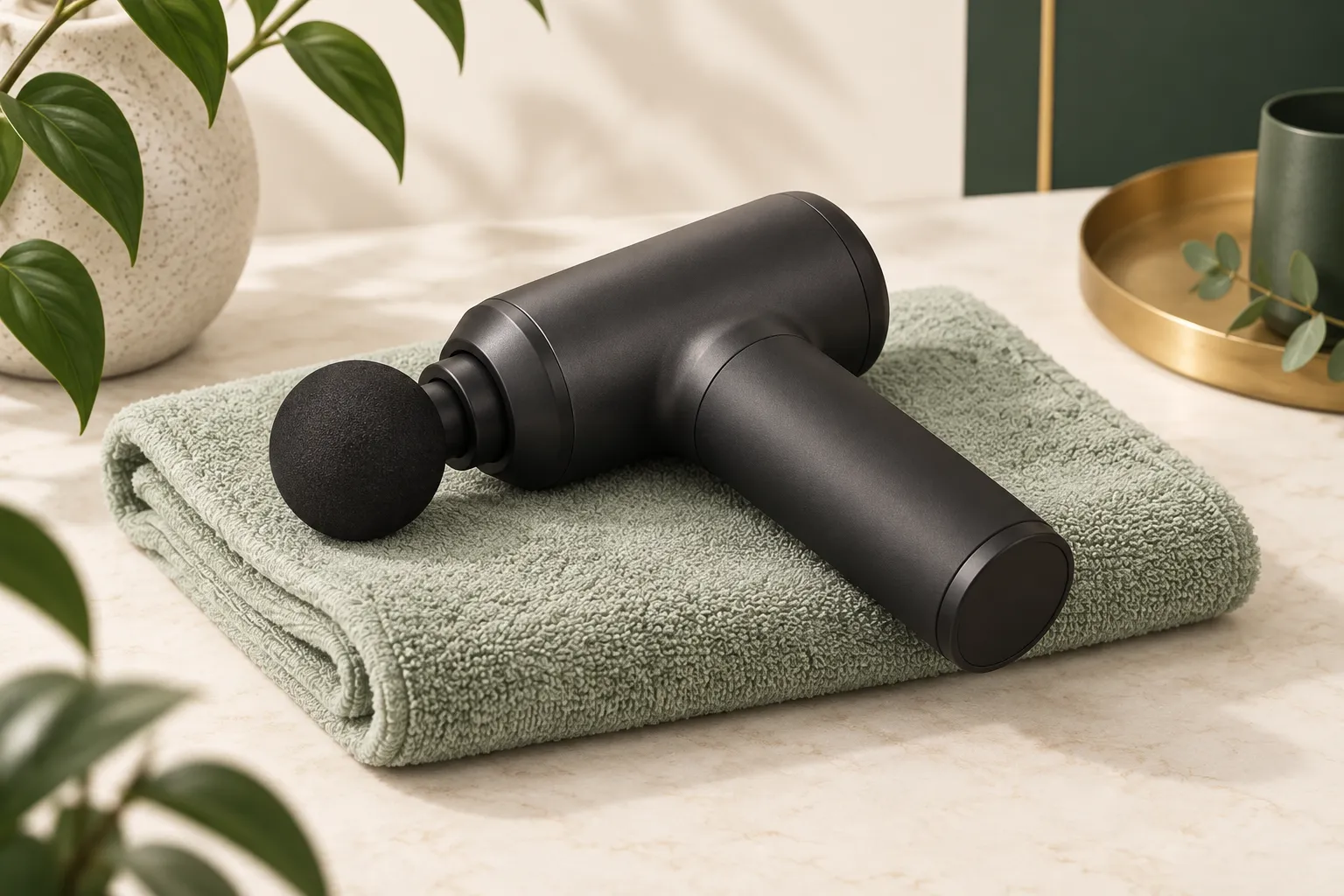 Illustration of an unbranded massage gun resting on a towel.