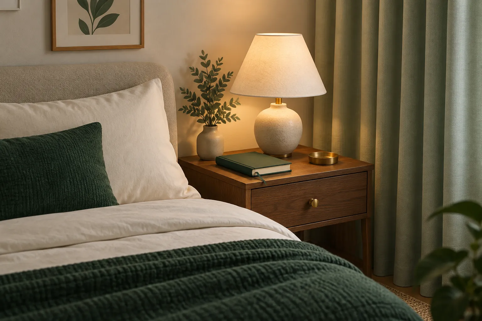 Illustration of a bedroom corner with curtains, a lamp and a closed notebook.