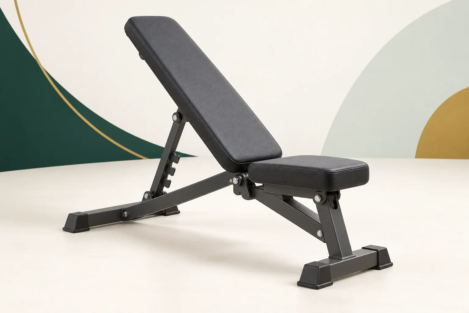 Illustration of an adjustable weight bench with an inclined back pad and separate seat.